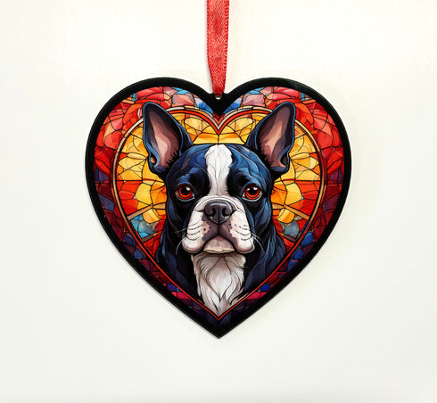 Boston Terrier Stained Glass Effect Heart Suncatcher